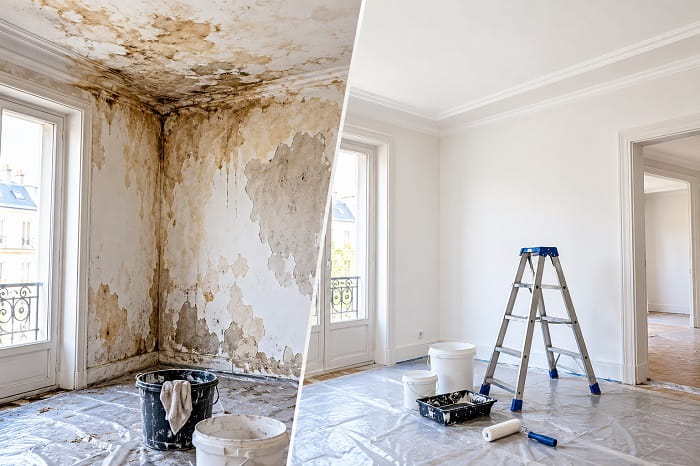 Avant et après rénovation d'un appartement après dégât des eaux